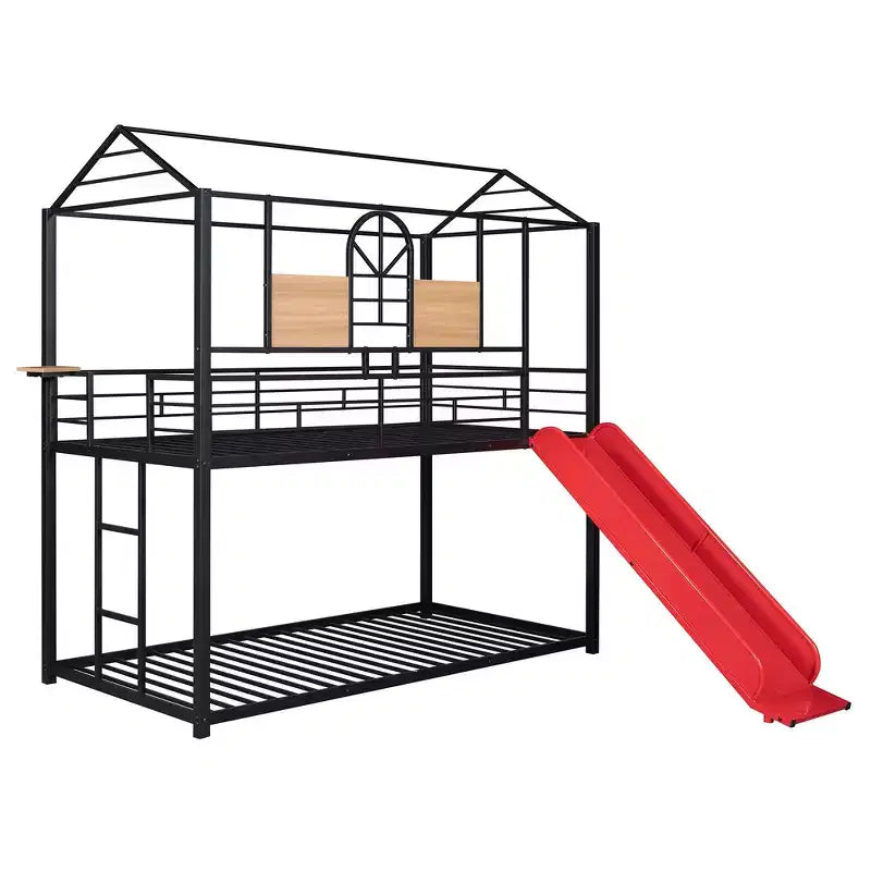 Lit superposé jumeau sur jumeau et lit cabane, cadre de lit en métal avec toboggan et garde-corps, 6 ans et plus