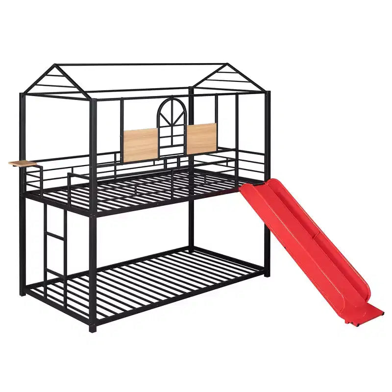 Lit superposé jumeau sur jumeau et lit cabane, cadre de lit en métal avec toboggan et garde-corps, 6 ans et plus