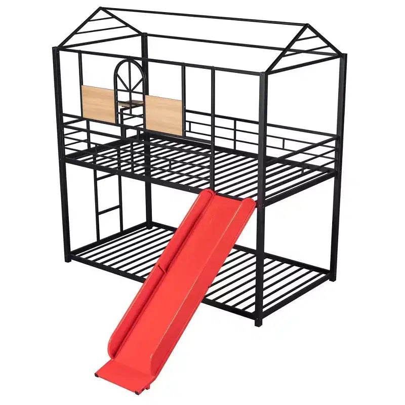 Lit superposé jumeau sur jumeau et lit cabane, cadre de lit en métal avec toboggan et garde-corps, 6 ans et plus