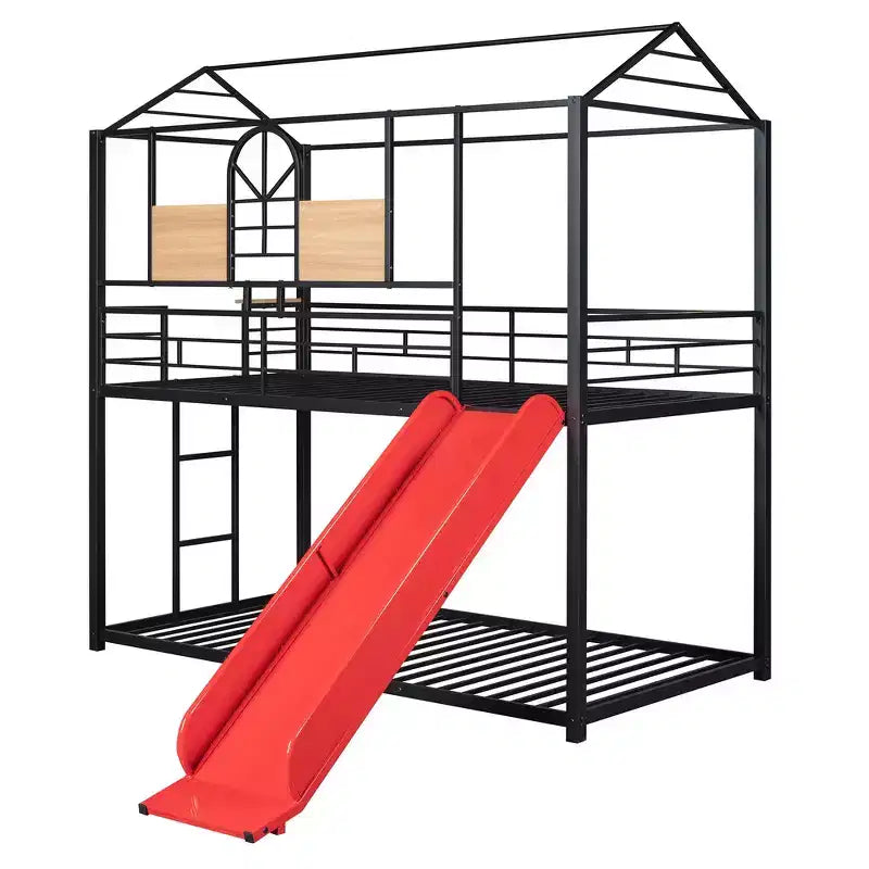Lit superposé jumeau sur jumeau et lit cabane, cadre de lit en métal avec toboggan et garde-corps, 6 ans et plus