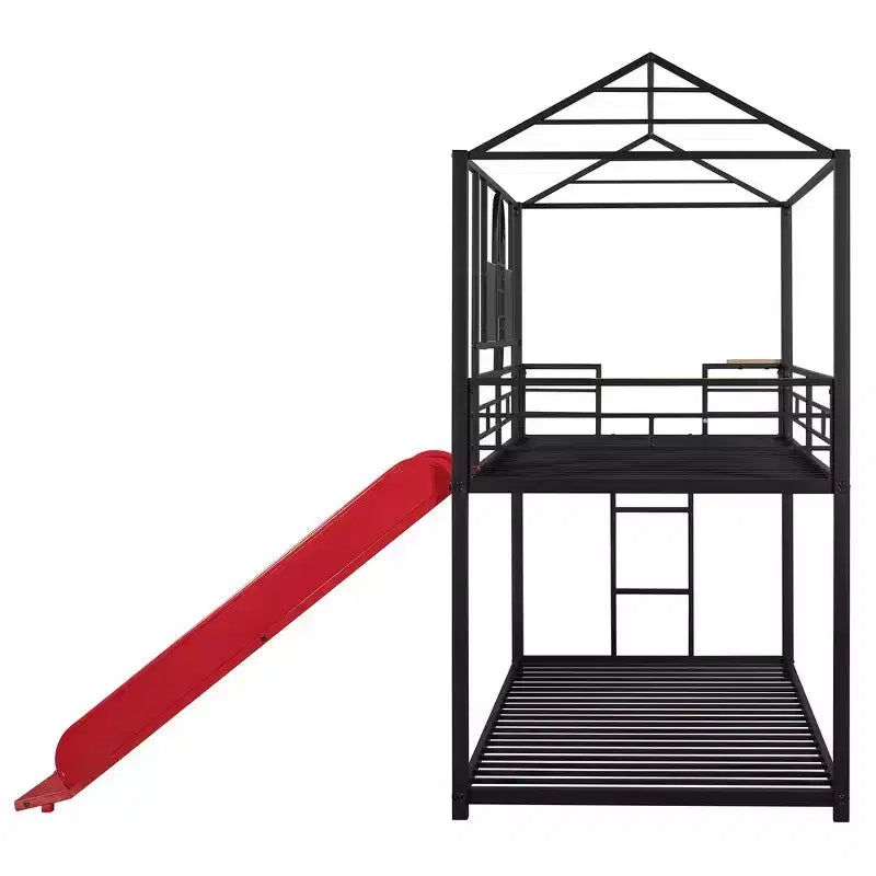 Lit superposé jumeau sur jumeau et lit cabane, cadre de lit en métal avec toboggan et garde-corps, 6 ans et plus