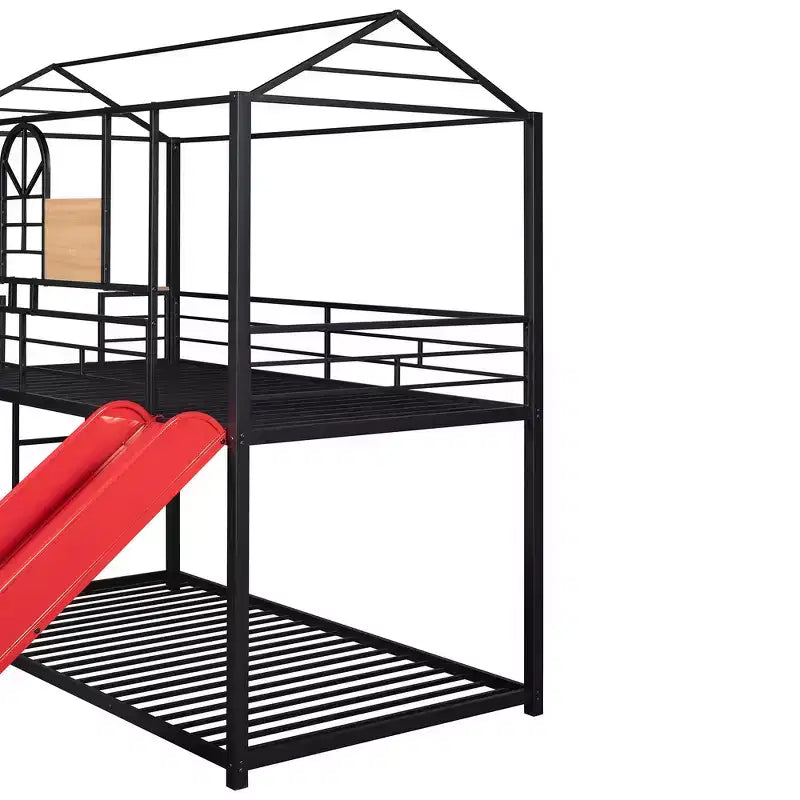 Lit superposé jumeau sur jumeau et lit cabane, cadre de lit en métal avec toboggan et garde-corps, 6 ans et plus
