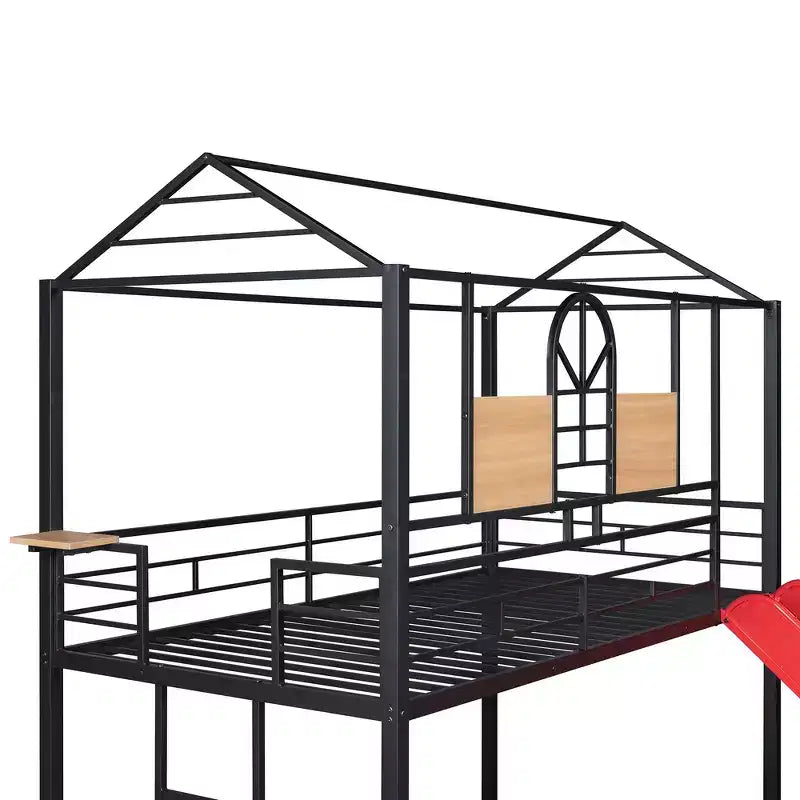 Lit superposé jumeau sur jumeau et lit cabane, cadre de lit en métal avec toboggan et garde-corps, 6 ans et plus