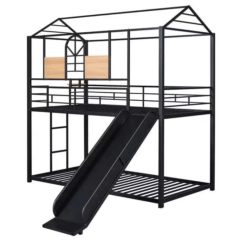 Lit superposé jumeau sur jumeau et lit cabane, cadre de lit en métal avec toboggan et garde-corps, 6 ans et plus