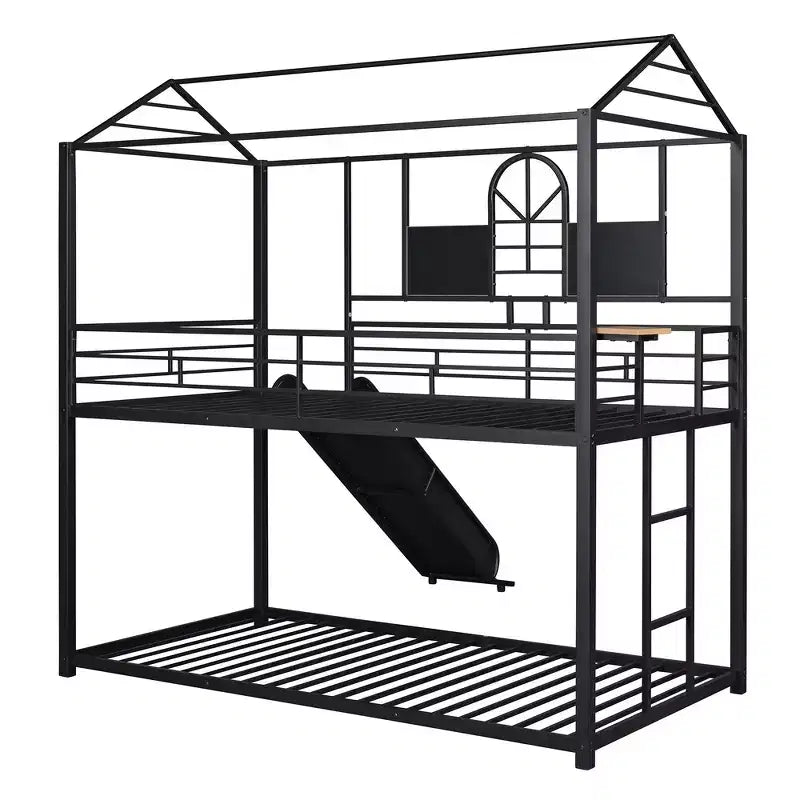 Lit superposé jumeau sur jumeau et lit cabane, cadre de lit en métal avec toboggan et garde-corps, 6 ans et plus