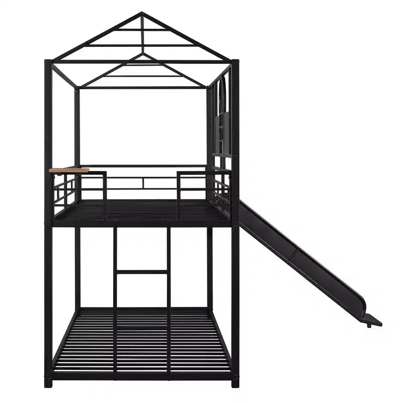Lit superposé jumeau sur jumeau et lit cabane, cadre de lit en métal avec toboggan et garde-corps, 6 ans et plus