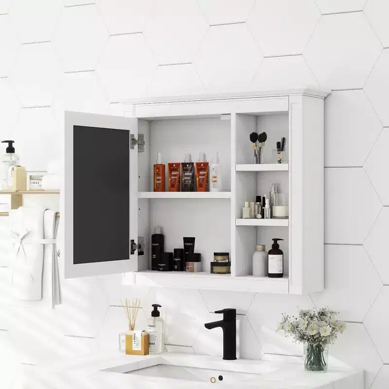 Meuble de salle de bain mural à miroir 28" avec 3 étagères ouvertes, blanc moderne