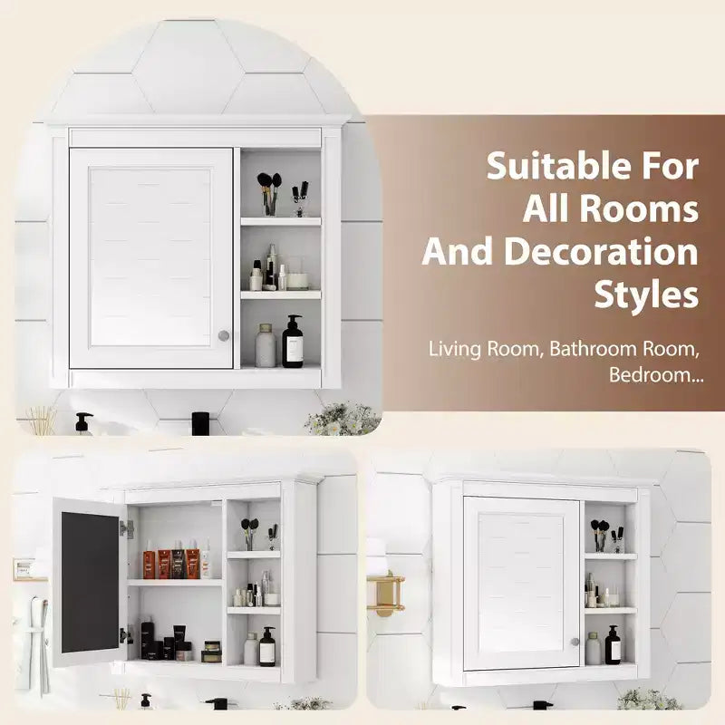 Meuble de salle de bain mural à miroir 28" avec 3 étagères ouvertes, blanc moderne