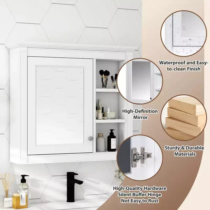 Meuble de salle de bain mural à miroir 28" avec 3 étagères ouvertes, blanc moderne