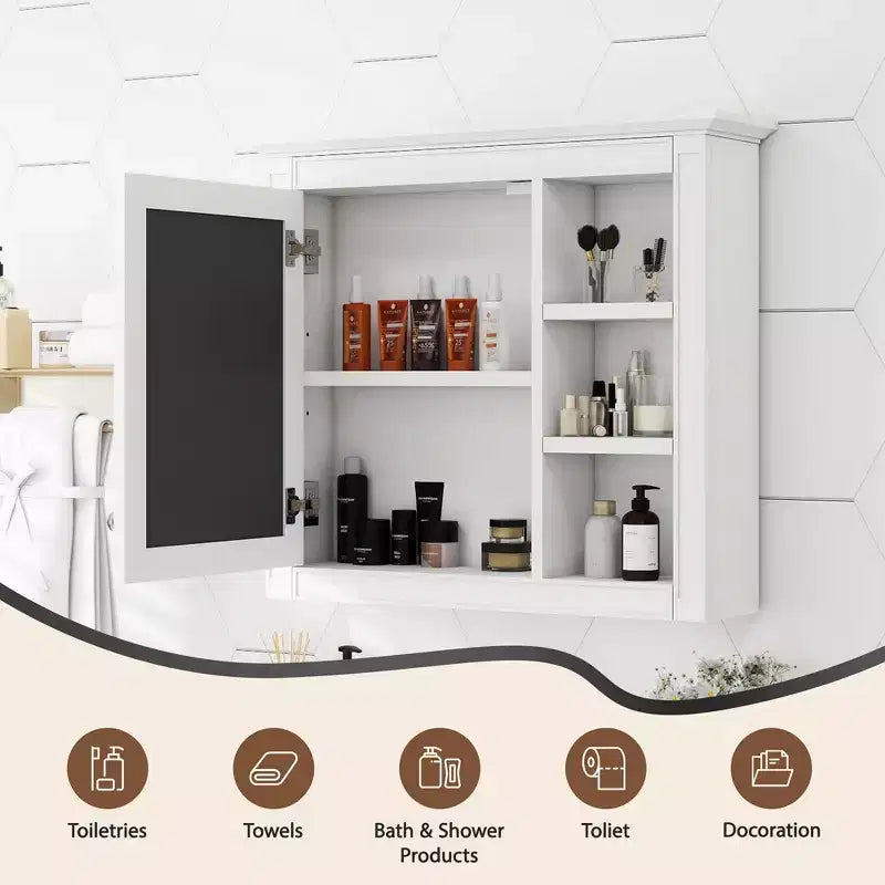 Meuble de salle de bain mural à miroir 28" avec 3 étagères ouvertes, blanc moderne