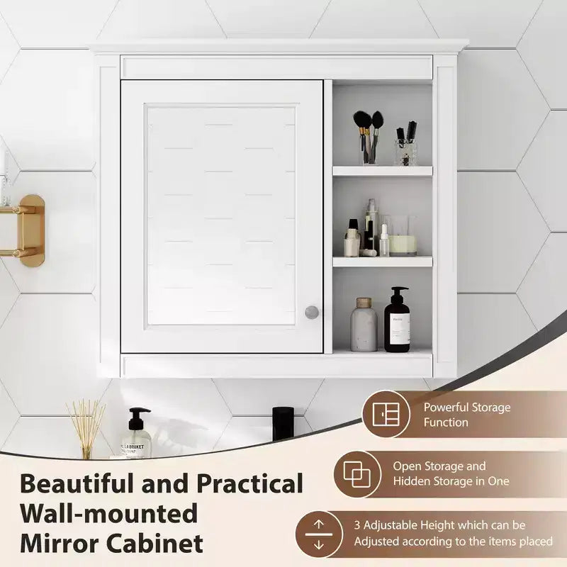 Meuble de salle de bain mural à miroir 28" avec 3 étagères ouvertes, blanc moderne