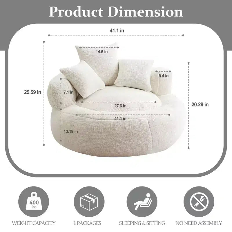 Fauteuil poire rond ultra doux en chenille et mousse, taille XXL avec accoudoirs et 3 coussins, pour adultes et adolescents, blanc