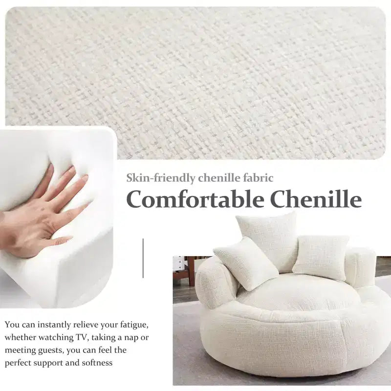 Fauteuil poire rond ultra doux en chenille et mousse, taille XXL avec accoudoirs et 3 coussins, pour adultes et adolescents, blanc