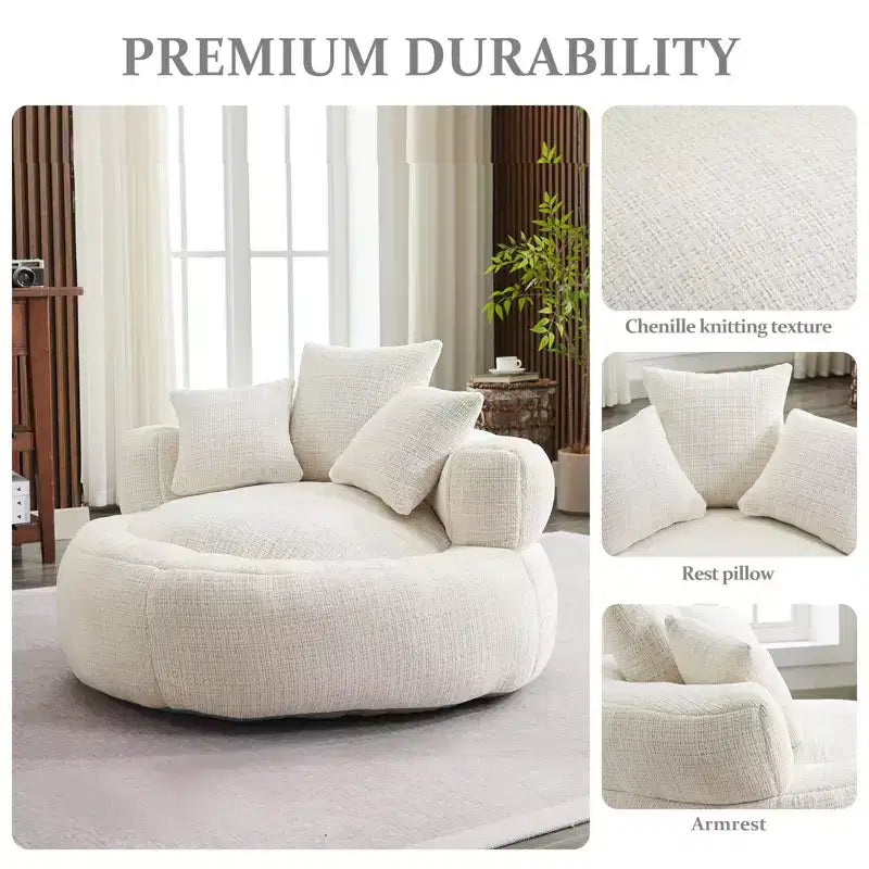 Fauteuil poire rond ultra doux en chenille et mousse, taille XXL avec accoudoirs et 3 coussins, pour adultes et adolescents, blanc