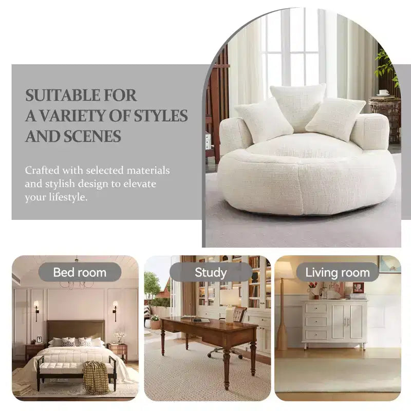 Fauteuil poire rond ultra doux en chenille et mousse, taille XXL avec accoudoirs et 3 coussins, pour adultes et adolescents, blanc