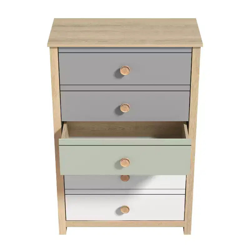 Commode à 5 tiroirs avec façades de couleurs mélangées, 78 x 40 x 117 cm, cadre en bois