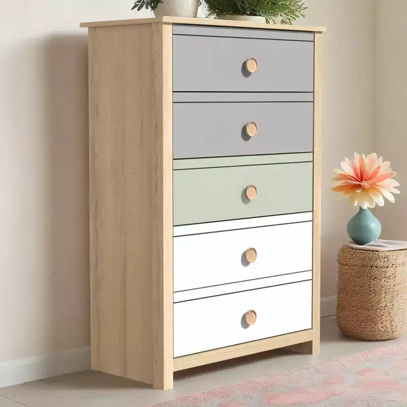Commode à 5 tiroirs avec façades de couleurs mélangées, 78 x 40 x 117 cm, cadre en bois