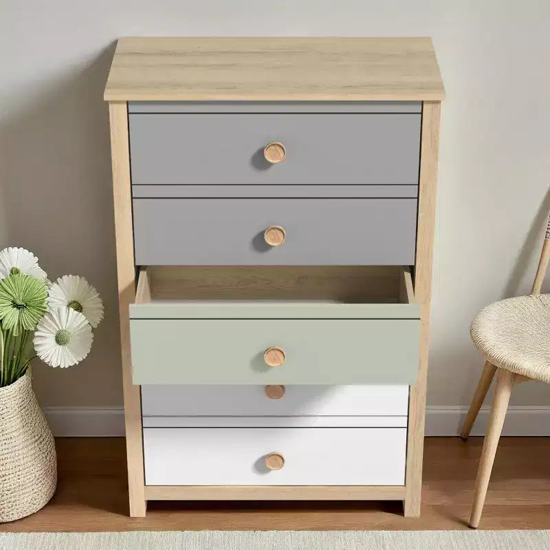 Commode à 5 tiroirs avec façades de couleurs mélangées, 78 x 40 x 117 cm, cadre en bois
