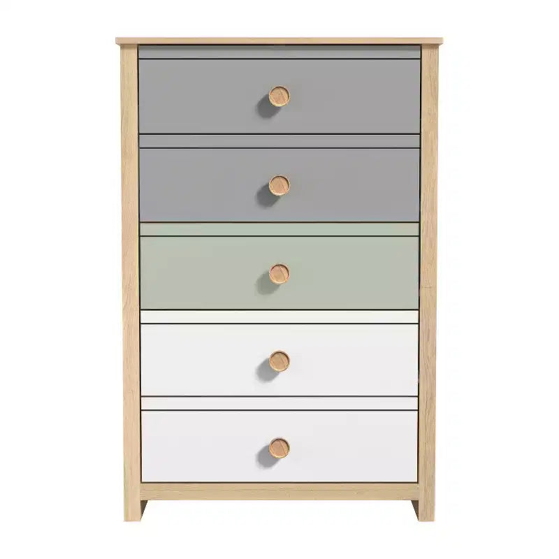 Commode à 5 tiroirs avec façades de couleurs mélangées, 78 x 40 x 117 cm, cadre en bois
