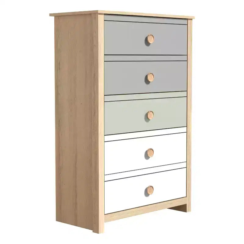 Commode à 5 tiroirs avec façades de couleurs mélangées, 78 x 40 x 117 cm, cadre en bois